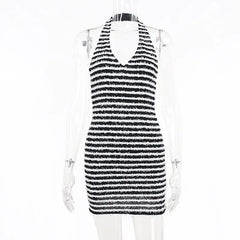 Black And White Knitted Striped Halter Mini Dress