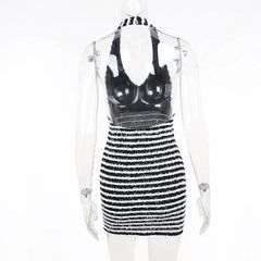 Black And White Knitted Striped Halter Mini Dress