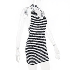 Black And White Knitted Striped Halter Mini Dress